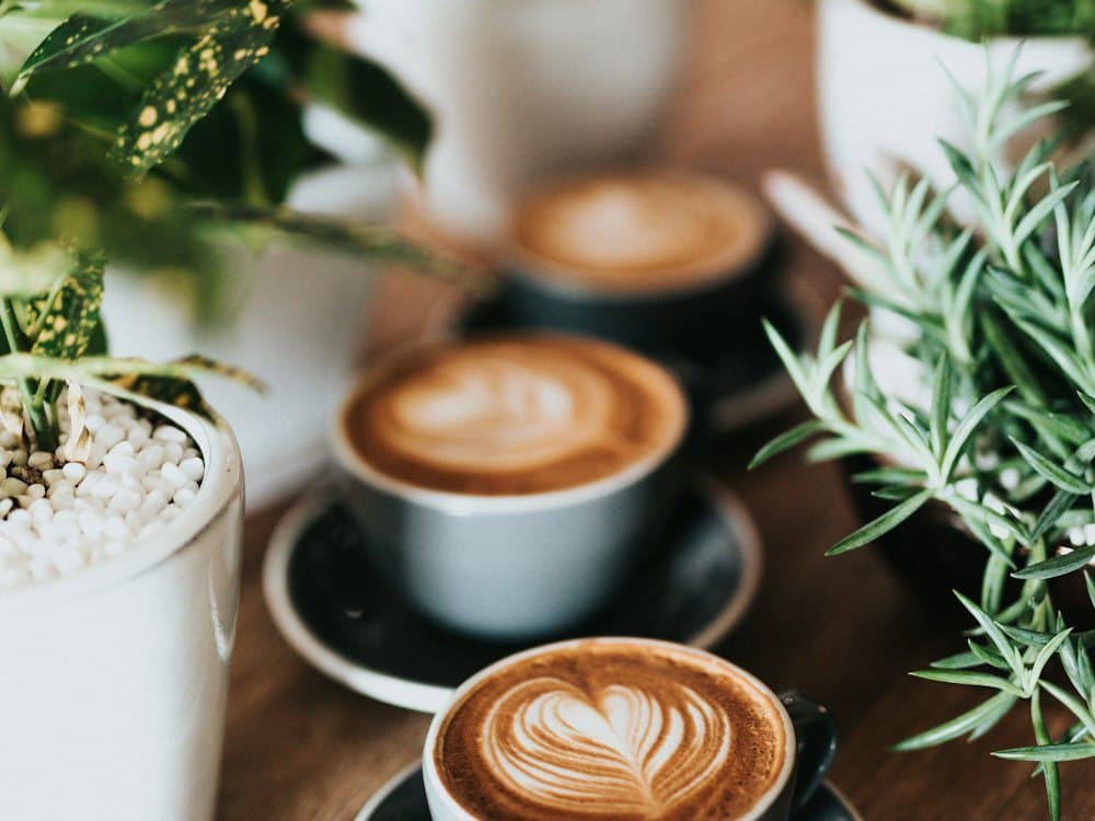 Cappuccinos with latte art on a wooden table