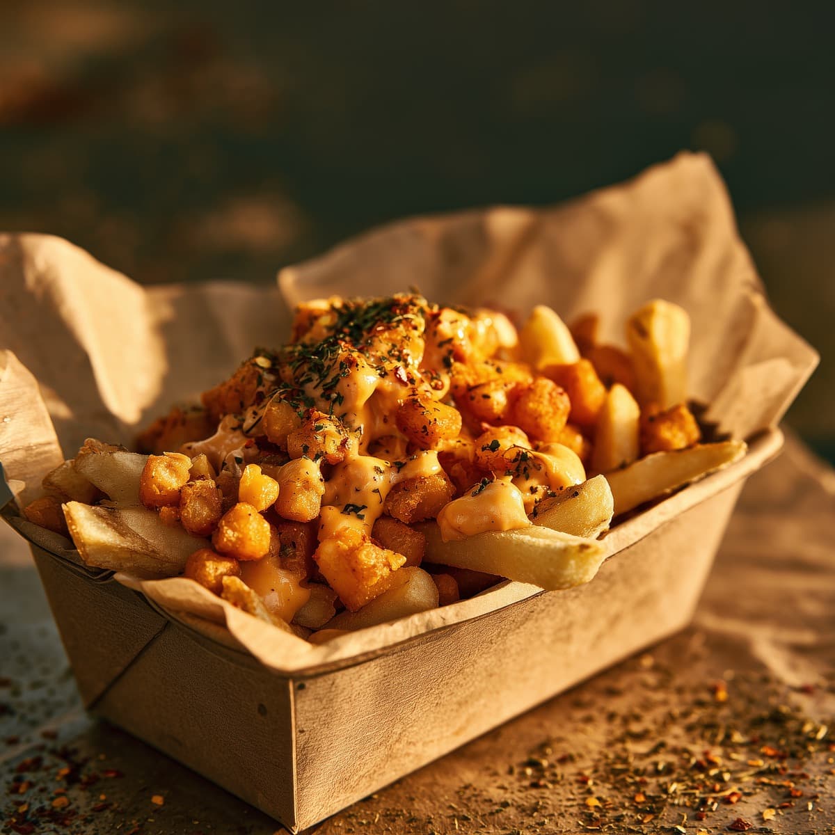Messy Dinklr Fries topped with chicken popcorn